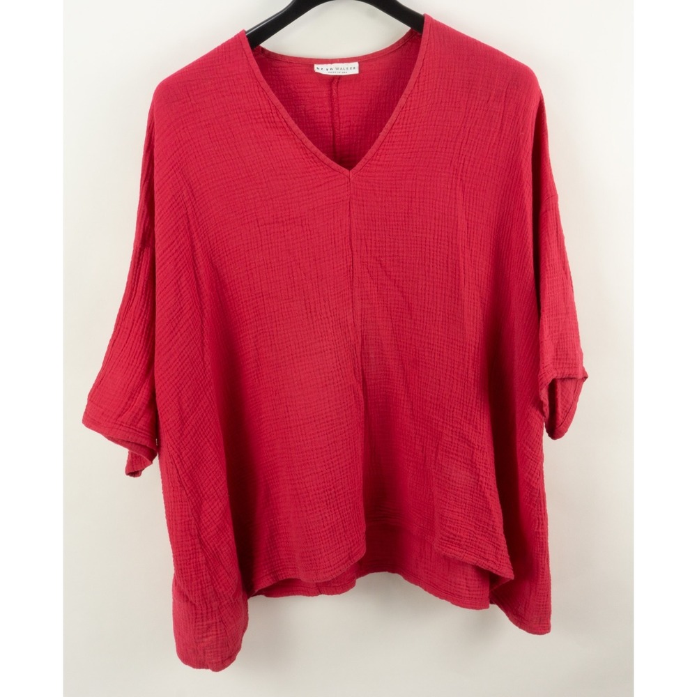 Bryn Walker Pink Crinkle Cotton Oversized Lagenlook Tunic Women Large V-Neck
